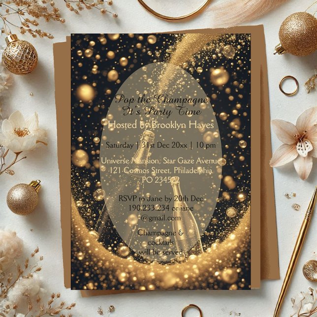Midnight Gold Champagne Dreams New Year Bubbly Fun Acrylic Invitations (Midnight Gold Champagne Dreams New Year Bubbly Fun Acrylic Invitations)