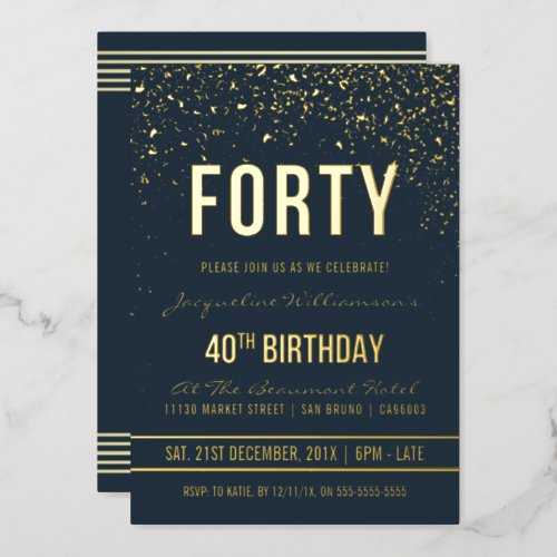 Midnight  Gold Confetti 40th Birthday Party Foil Invitation