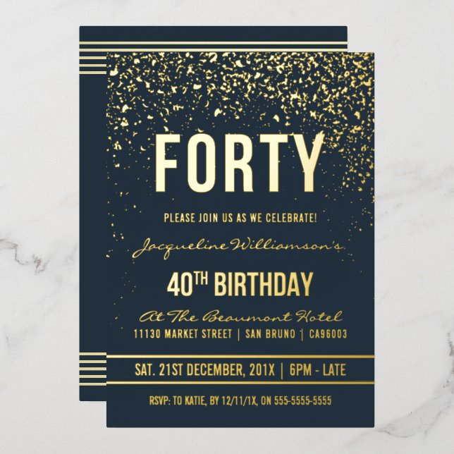 Midnight | Gold Confetti 40th Birthday Party Foil Invitation (Front/Back)