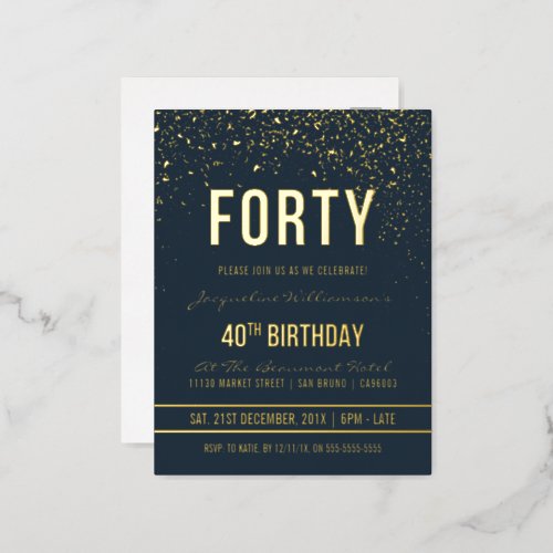 Midnight  Gold Confetti 40th Birthday Party Foil Invitation Postcard