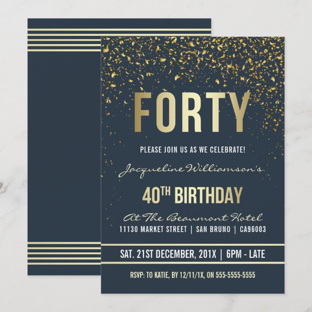 Midnight | Gold Confetti 40th Birthday Party Invitation (Front/Back)