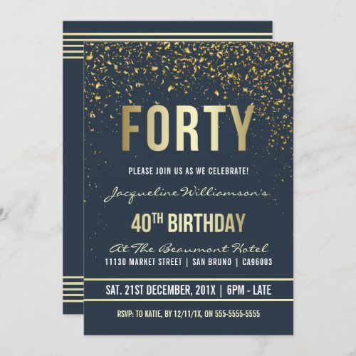 Midnight  Gold Confetti 40th Birthday Party Invitation