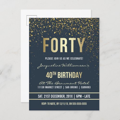 Midnight  Gold Confetti 40th Birthday Party Invitation Postcard