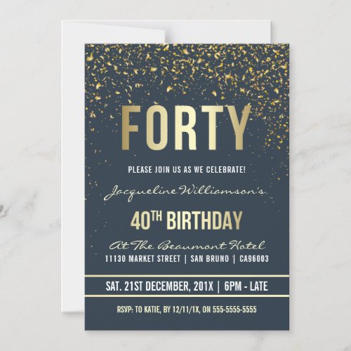 Midnight  Gold Confetti 40th Birthday Party Magnetic Invitation