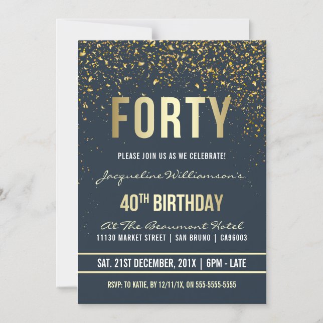 Midnight | Gold Confetti 40th Birthday Party Magnetic Invitation (Front)