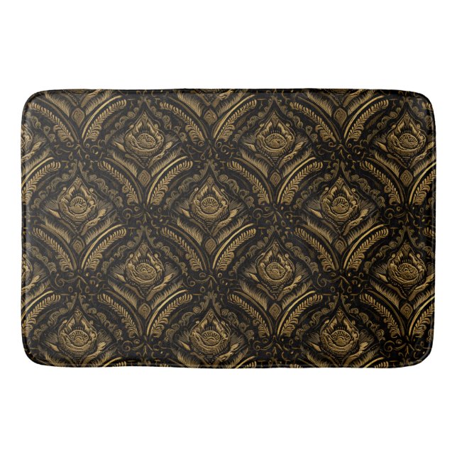 Midnight Gold Damask Elegance Bath Mat (Front)