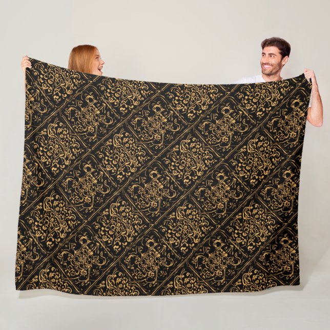 Midnight Gold Damask Elegance Fleece Blanket (In Situ)