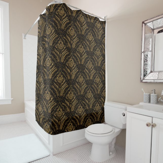 Midnight Gold Damask Elegance Shower Curtain (In Situ)