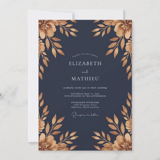 Midnight Gold Foliage Muted Eucalyptus Wedding Invitation (Front)