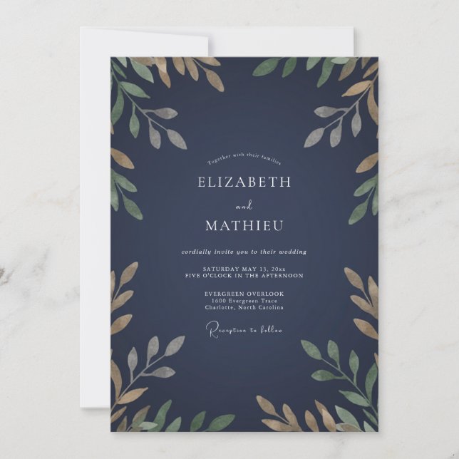 Midnight Gold Leaf Wedding Invitation (Front)