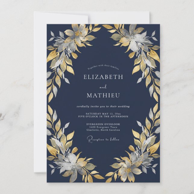 Midnight Gold Leafy Wedding Invitation (Front)