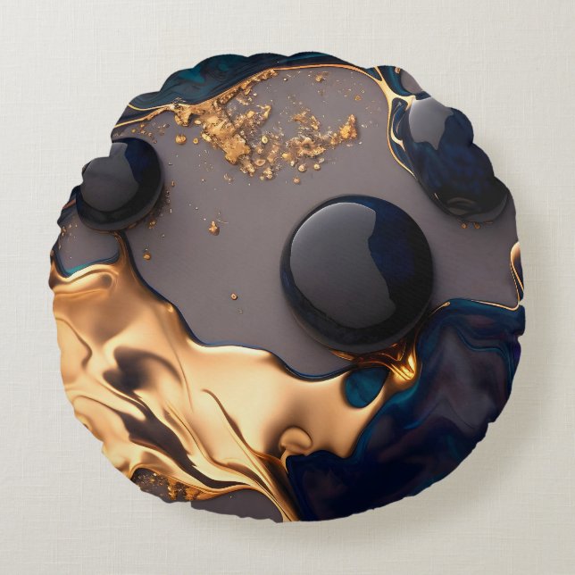 Midnight Gold Liquid Marble Round Pillow (Front)