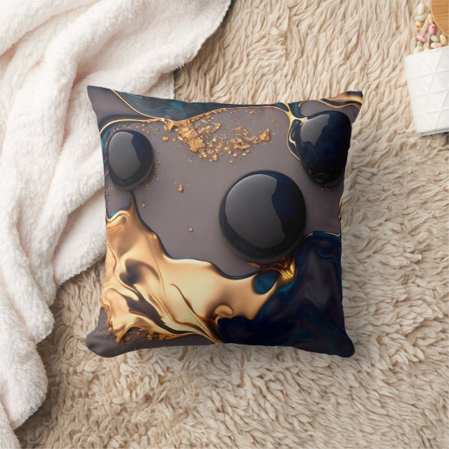 Midnight Gold Liquid Marble Throw Pillow (Blanket)