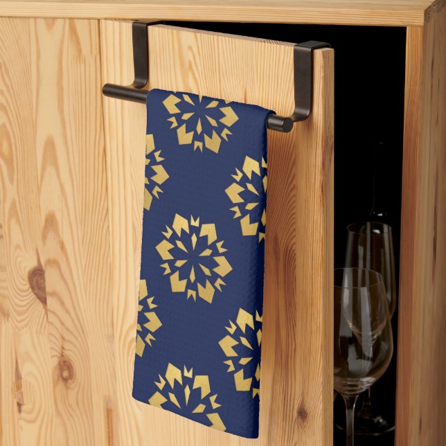 Midnight Gold: Luxe Geometric Pattern on Deep Blue Kitchen Towel (Thirds Fold)