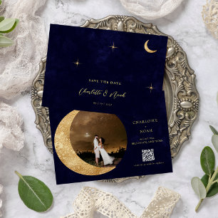 Midnight Gold Moon Stars Photo QR Code Wedding Save The Date