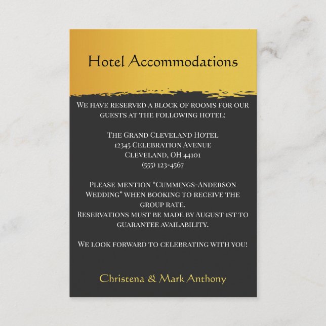 Midnight Gold Wedding Hotel Accommodations Enclosure Card (Front)
