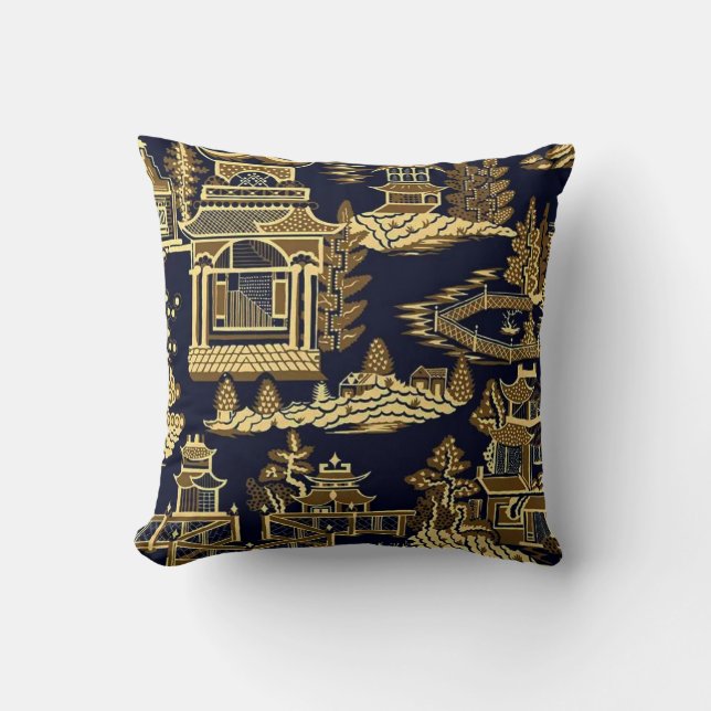 Midnight Golden Pagoda Teahouse Throw Pillow (Front)
