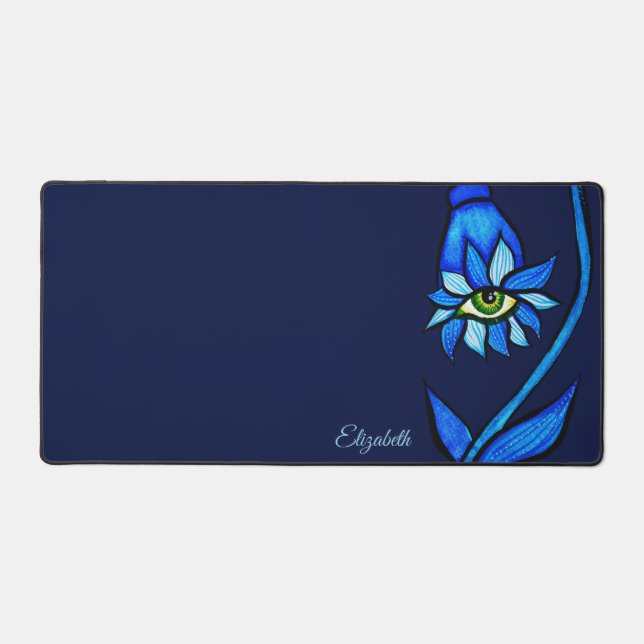 Midnight Gothic Eye Flower - Dark Blue Botanical Desk Mat (Front)