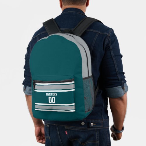 Midnight Green Silver White Sports Team Name Printed Backpack
