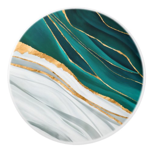 Midnight Green Turquoise and gold watercolor Ceramic Knob
