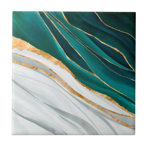 Midnight Green Turquoise and gold watercolor Ceramic Tile