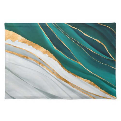 Midnight Green Turquoise and gold watercolor Cloth Placemat