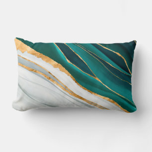 Midnight Green, Turquoise and gold watercolor Lumbar Pillow