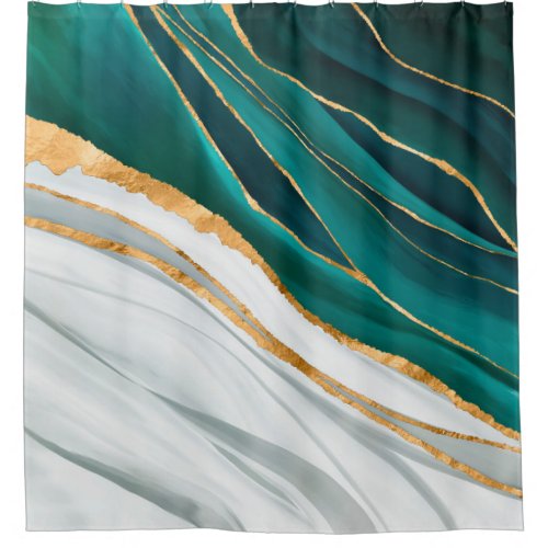 Midnight Green Turquoise and gold watercolor Shower Curtain