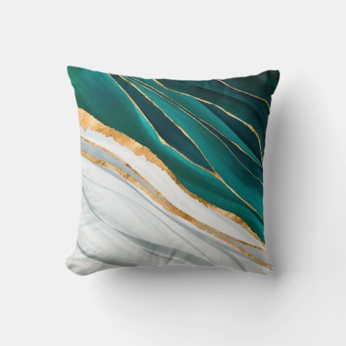 Midnight Green Turquoise and gold watercolor Throw Pillow