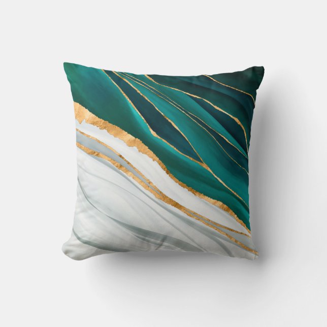 Midnight Green, Turquoise and gold watercolor Throw Pillow (Front)