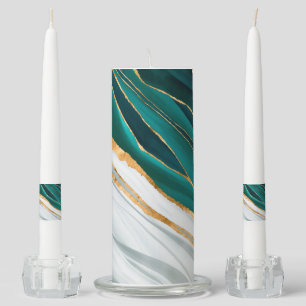 Midnight Green, Turquoise and gold watercolor Unity Candle Set