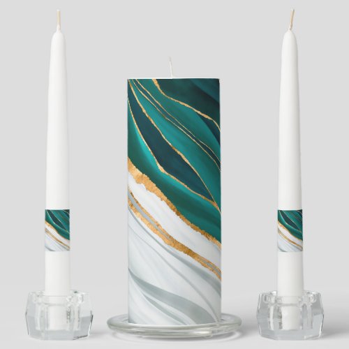 Midnight Green Turquoise and gold watercolor Unity Candle Set