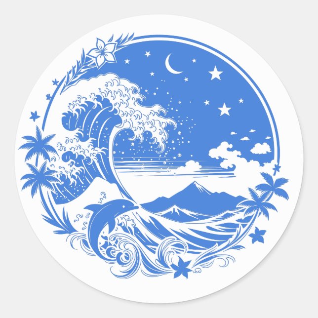 Midnight Hawaii: Wave, Dolphin & Haleakala Classic Round Sticker (Front)