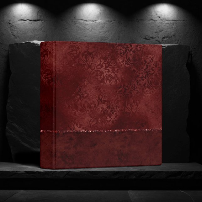 Midnight Henna Romance | Red Satiny Grunge Damask 3 Ring Binder (Creator Uploaded)