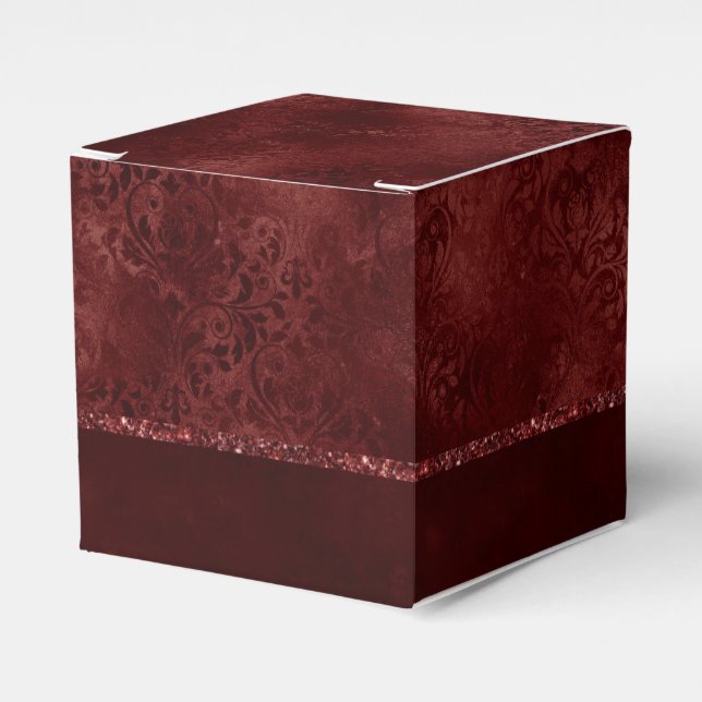 Midnight Henna Romance | Red Satiny Grunge Damask Favor Boxes (Front Side)