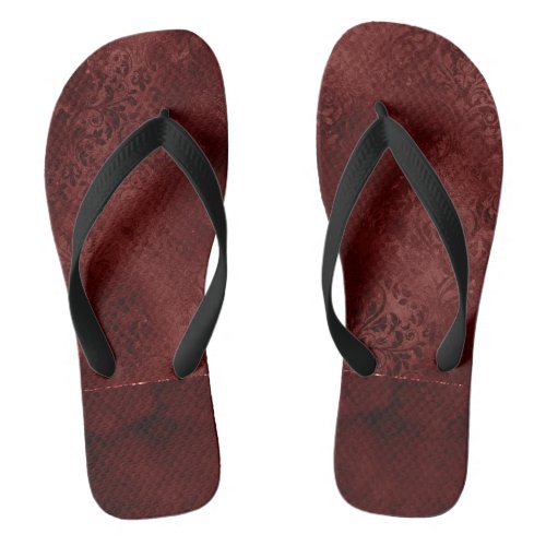 Midnight Henna Romance  Red Satiny Grunge Damask Flip Flops