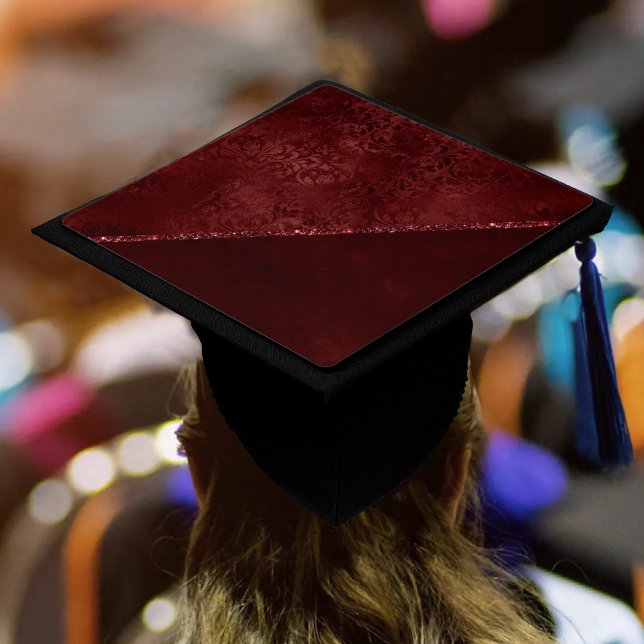 Midnight Henna Romance | Red Satiny Grunge Damask Graduation Cap Topper (Creator Uploaded)