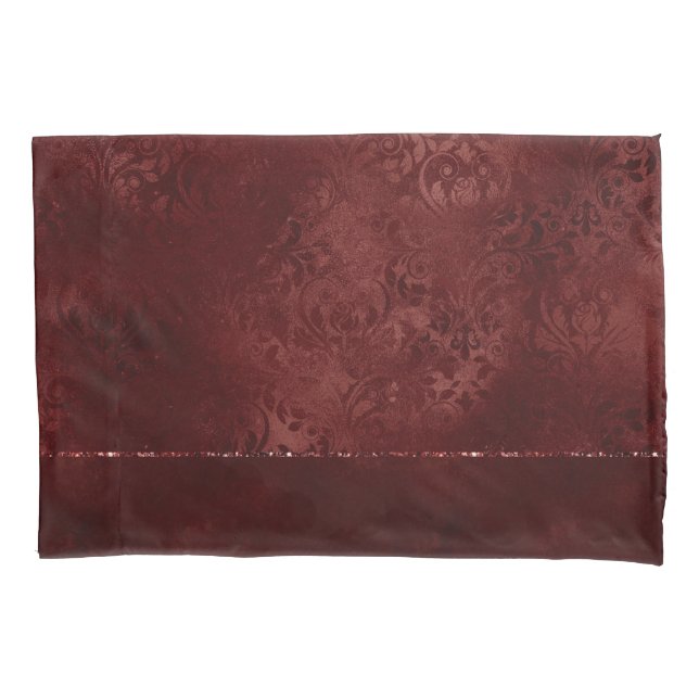 Midnight Henna Romance | Red Satiny Grunge Damask Pillow Case (Front)