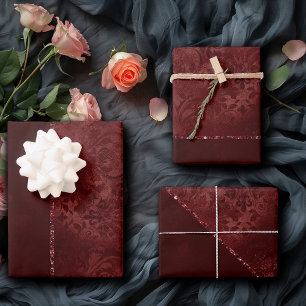 Midnight Henna Romance Red Satiny Grunge Damask Wrapping Paper Sheets