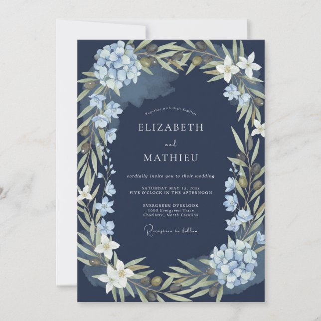 Midnight Hydrangea Leafy Wedding Invitation (Front)