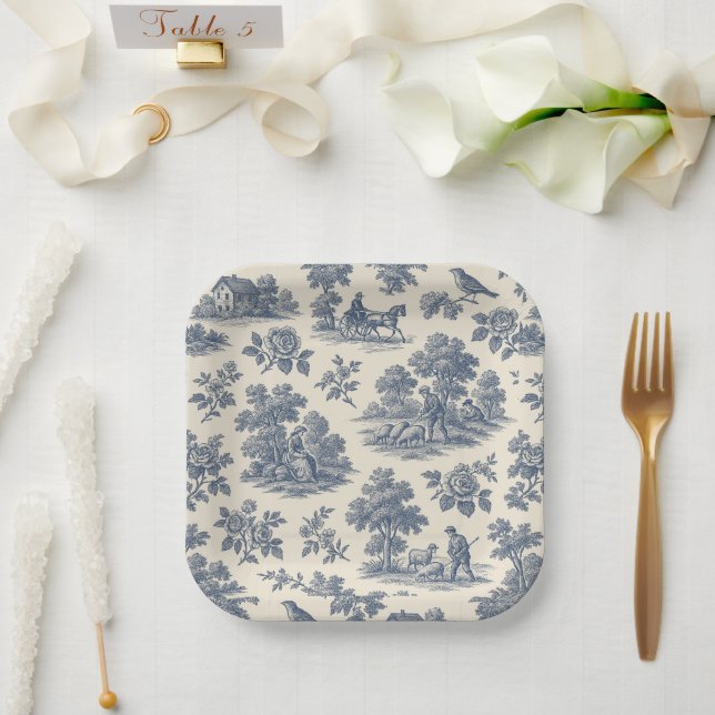 Midnight in the Meadow – Blue Toile Paper Plates (Wedding)