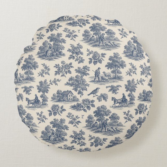 Midnight in the Meadow – Blue Toile Round Throw Pi Pillow (Front)