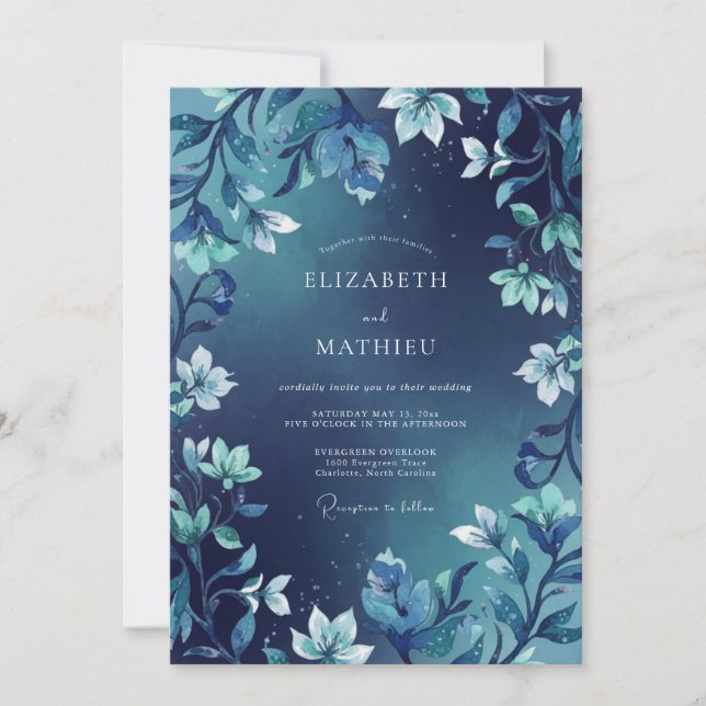 Midnight Indigo Leafy Wedding Invitation (Front)