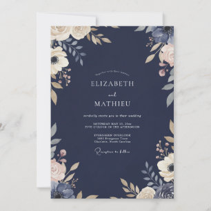 Midnight Indigo Painted Foliage Wedding Invitation
