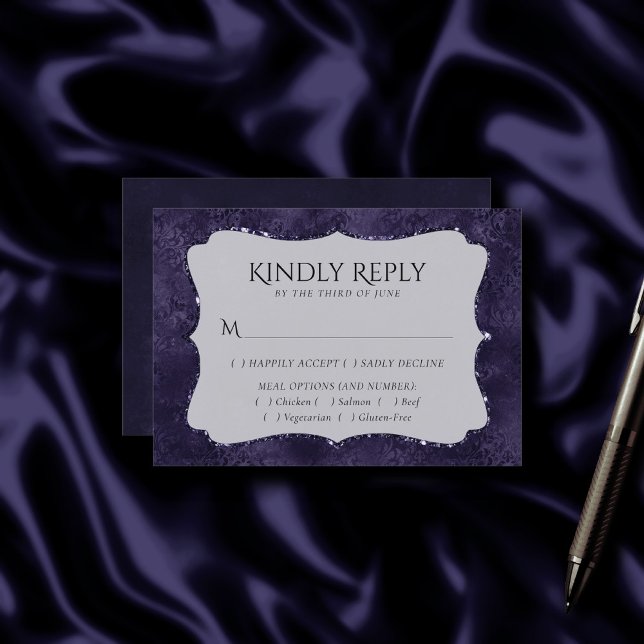 Midnight Indigo Romance | Satiny Damask Entree RSVP Card (Creator Uploaded)