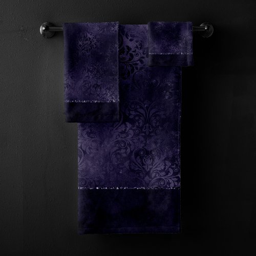 Midnight Indigo Romance  Satiny Grunge Damask Bath Towel Set