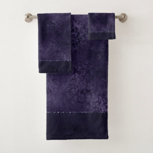 Midnight Indigo Romance Satiny Grunge Damask Bath Towel Set