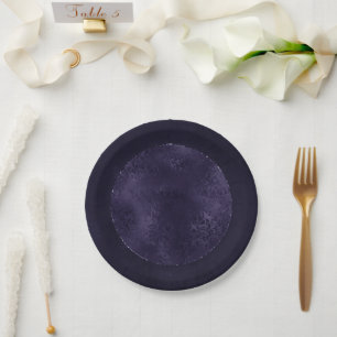 Midnight Indigo Romance Satiny Grunge Damask Paper Plates