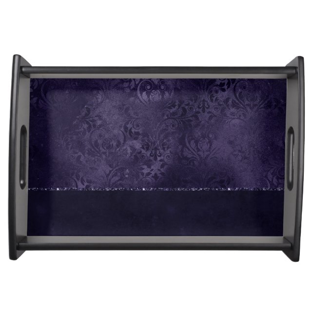 Midnight Indigo Romance | Satiny Grunge Damask Serving Tray (Front)