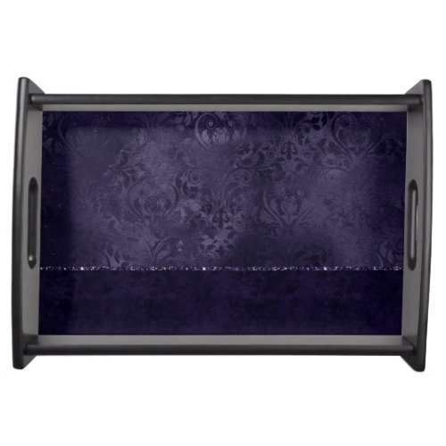 Midnight Indigo Romance  Satiny Grunge Damask Serving Tray